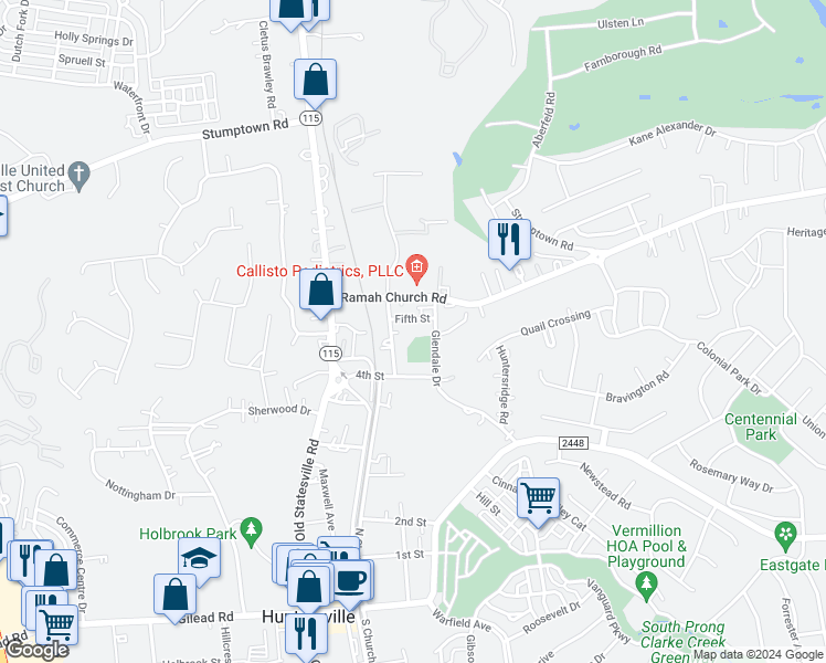 map of restaurants, bars, coffee shops, grocery stores, and more near 103 Park Lane in Huntersville