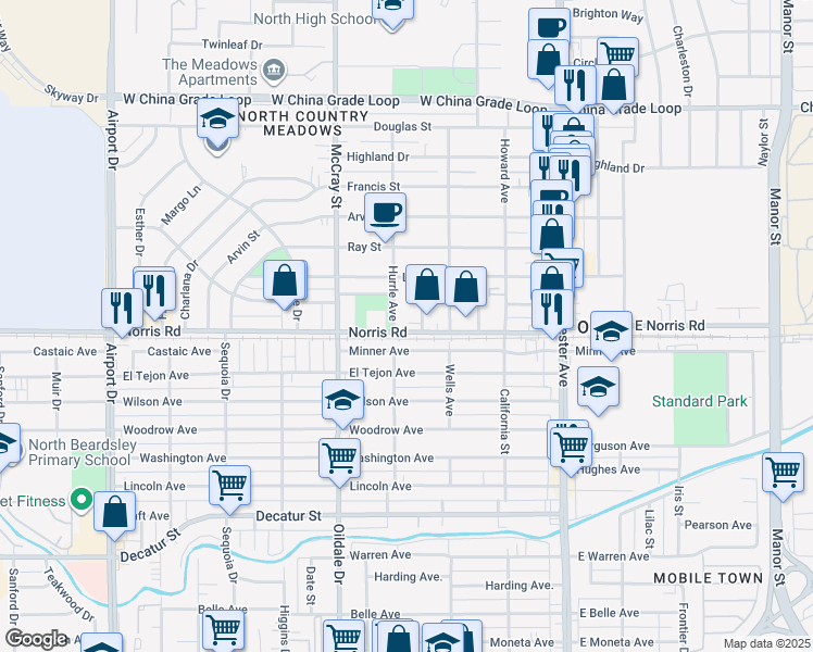 map of restaurants, bars, coffee shops, grocery stores, and more near 400 Minner Avenue in Bakersfield