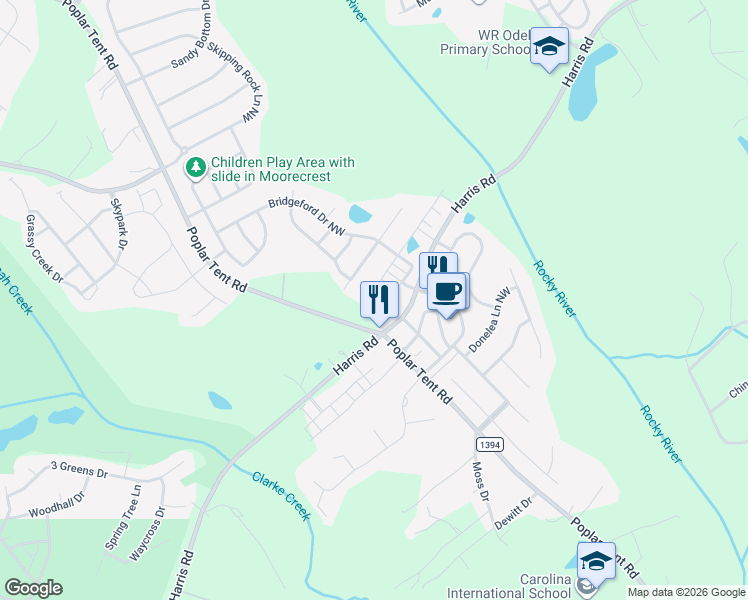 map of restaurants, bars, coffee shops, grocery stores, and more near 10340 Hillsborough Street in Huntersville