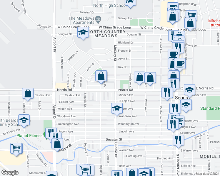 map of restaurants, bars, coffee shops, grocery stores, and more near 516 Norris Road in Bakersfield
