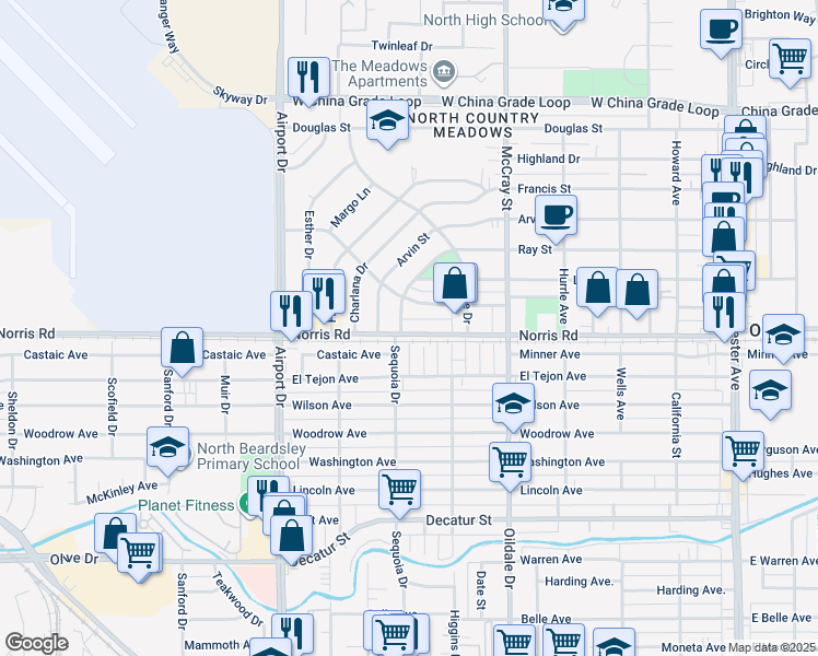 map of restaurants, bars, coffee shops, grocery stores, and more near 622 Norris Road in Bakersfield