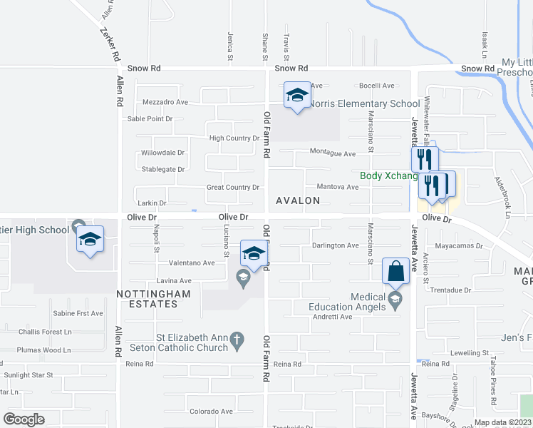 map of restaurants, bars, coffee shops, grocery stores, and more near Olive Dr & Old Farm Rd in Bakersfield