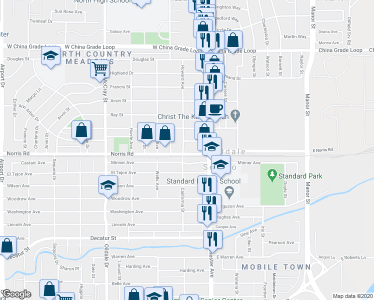 map of restaurants, bars, coffee shops, grocery stores, and more near 140 Norris Road in Bakersfield