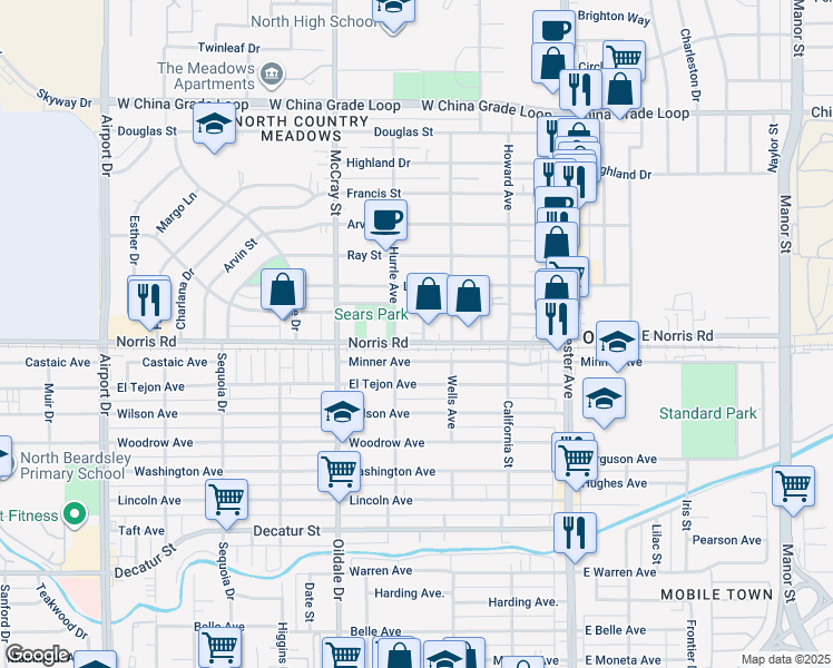 map of restaurants, bars, coffee shops, grocery stores, and more near 316 Norris Road in Bakersfield