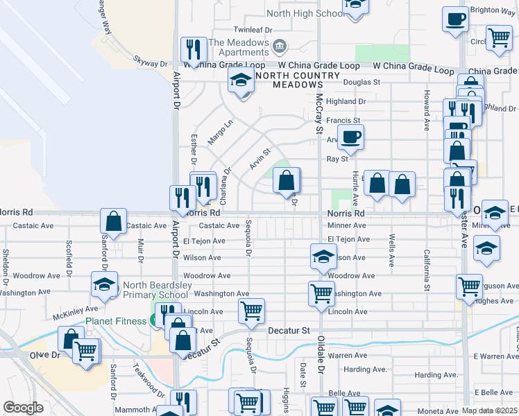 map of restaurants, bars, coffee shops, grocery stores, and more near 622 Norris Road in Bakersfield