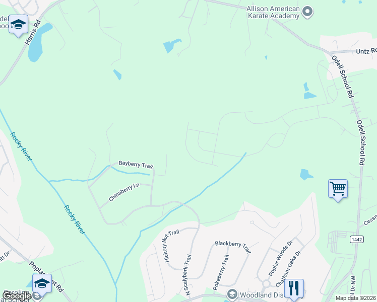 map of restaurants, bars, coffee shops, grocery stores, and more near 8710 Bayberry Trail in Concord