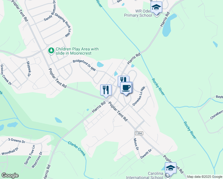 map of restaurants, bars, coffee shops, grocery stores, and more near 9952-9970 Harris Road in Concord