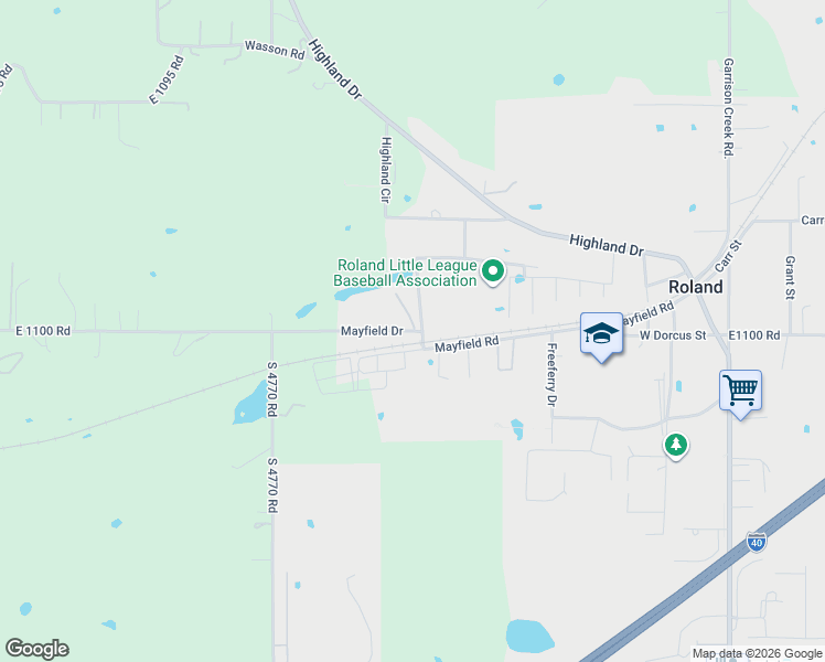 map of restaurants, bars, coffee shops, grocery stores, and more near Cheze Drive in Roland