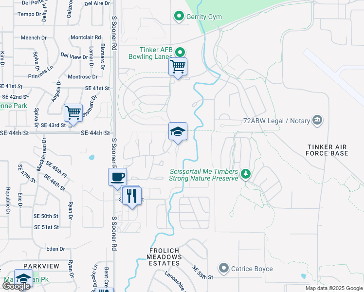 map of restaurants, bars, coffee shops, grocery stores, and more near 4500 Tinker Road in Oklahoma City