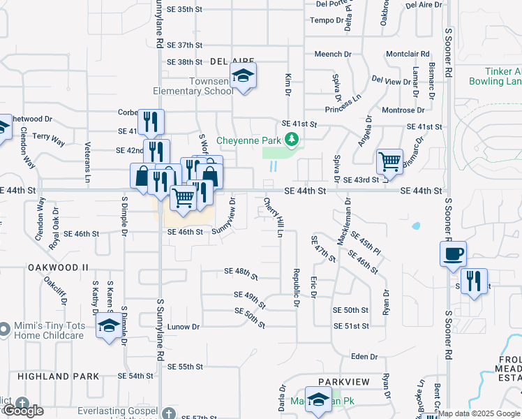 map of restaurants, bars, coffee shops, grocery stores, and more near 4708 Southeast 44th Street in Oklahoma City