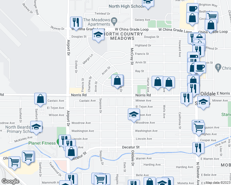 map of restaurants, bars, coffee shops, grocery stores, and more near 604 Norris Road in Bakersfield