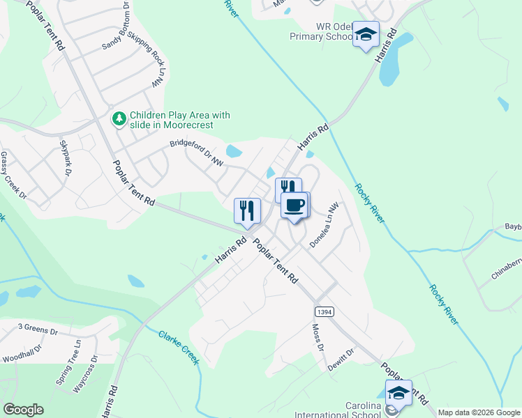 map of restaurants, bars, coffee shops, grocery stores, and more near 9952-9970 Harris Road in Concord