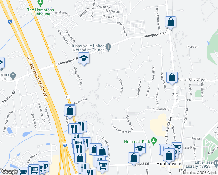 map of restaurants, bars, coffee shops, grocery stores, and more near 107 Aurora Lane in Huntersville