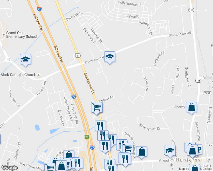 map of restaurants, bars, coffee shops, grocery stores, and more near 14921 Alexander Place Drive in Huntersville