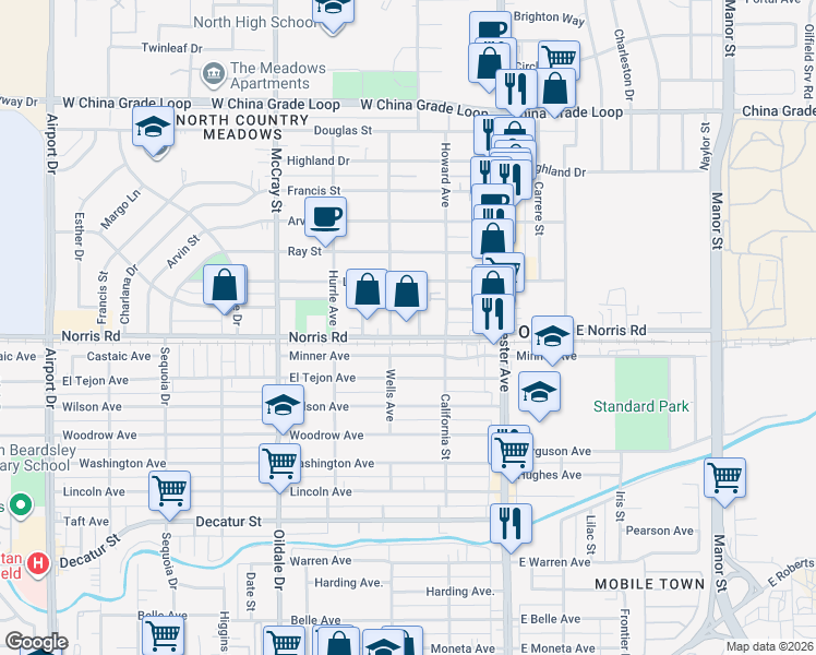 map of restaurants, bars, coffee shops, grocery stores, and more near 200 Norris Road in Bakersfield