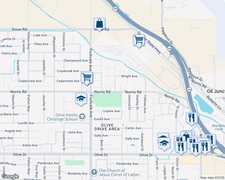 map of restaurants, bars, coffee shops, grocery stores, and more near 6204 Norris Road in Bakersfield