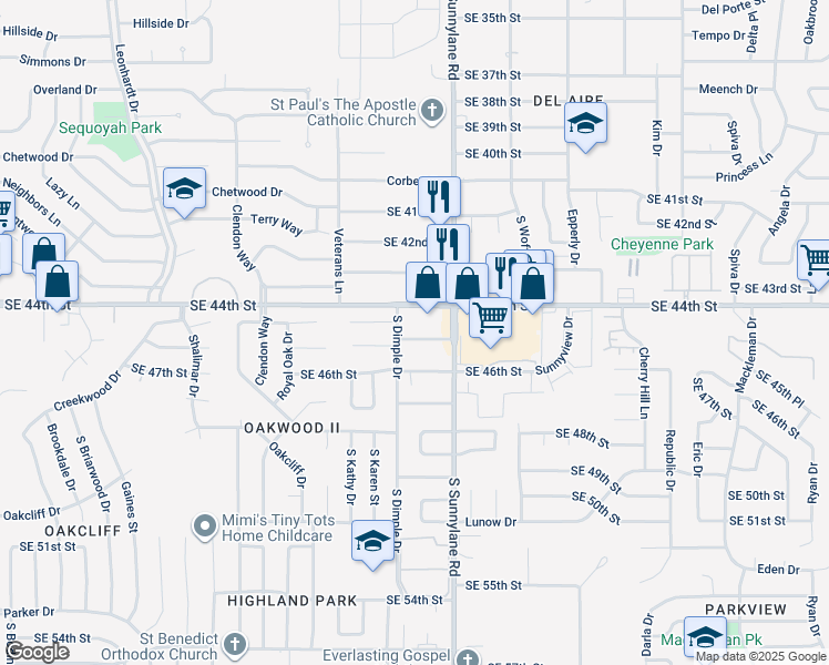map of restaurants, bars, coffee shops, grocery stores, and more near 4209 Southeast 45th Street in Oklahoma City