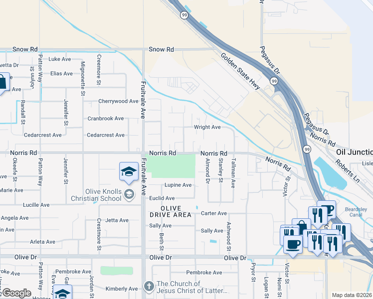 map of restaurants, bars, coffee shops, grocery stores, and more near 6204 Norris Road in Bakersfield