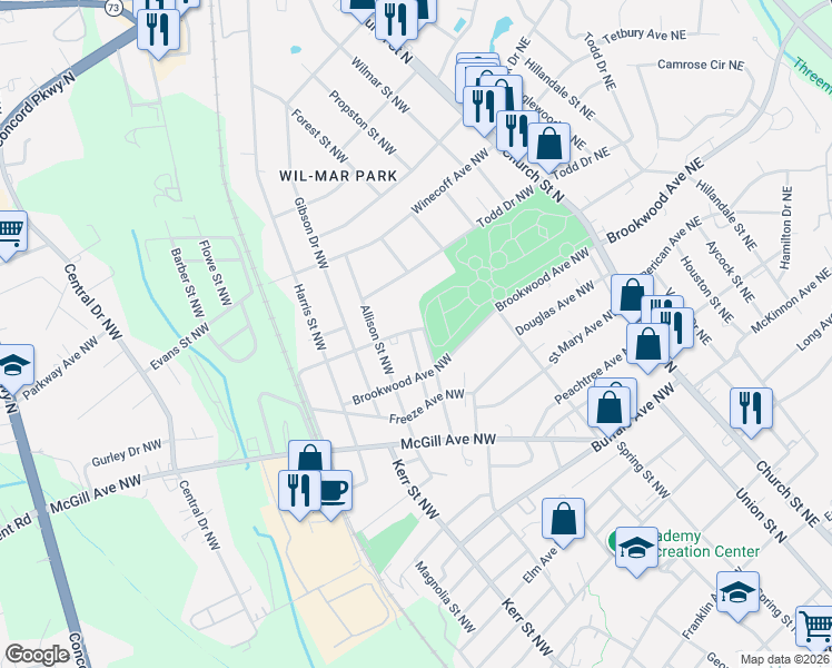 map of restaurants, bars, coffee shops, grocery stores, and more near 475 Saint James Street Northwest in Concord