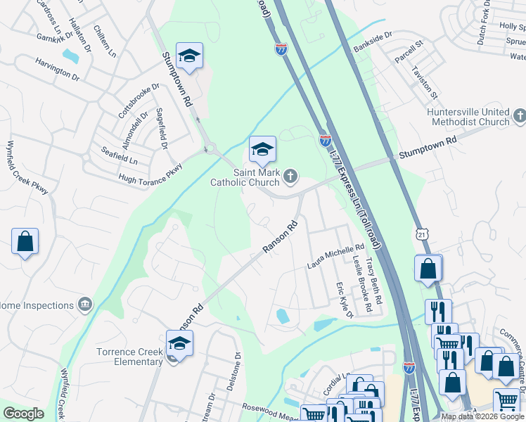 map of restaurants, bars, coffee shops, grocery stores, and more near in Huntersville