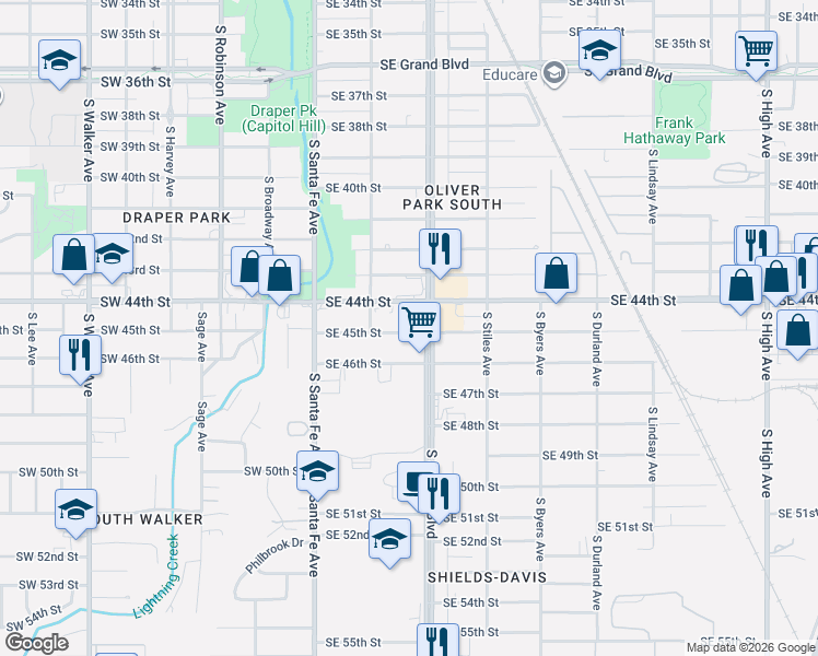 map of restaurants, bars, coffee shops, grocery stores, and more near 130 Southeast 45th Street in Oklahoma City