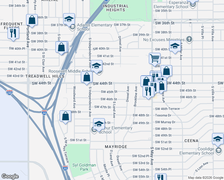 map of restaurants, bars, coffee shops, grocery stores, and more near 3220 Southwest 45th Street in Oklahoma City