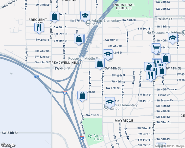 map of restaurants, bars, coffee shops, grocery stores, and more near 4514 Woodward Avenue in Oklahoma City