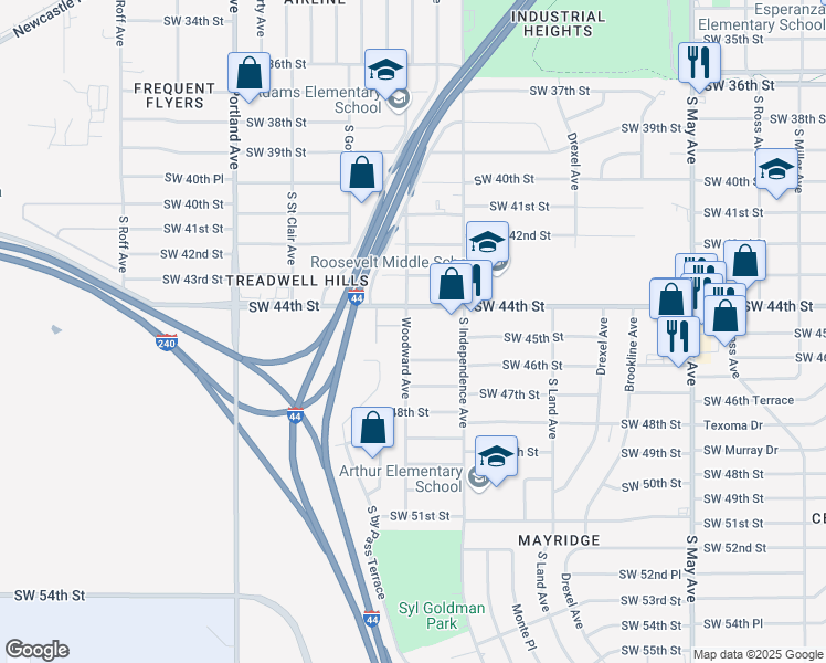 map of restaurants, bars, coffee shops, grocery stores, and more near 4514 Woodward Avenue in Oklahoma City