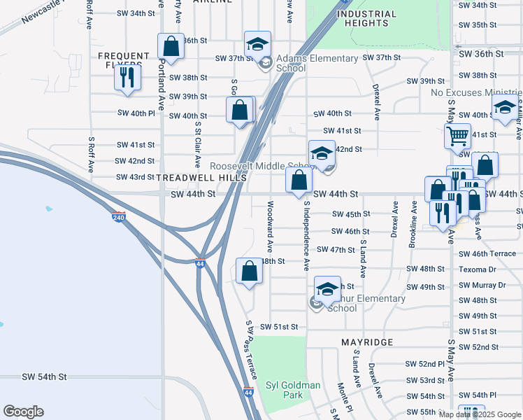 map of restaurants, bars, coffee shops, grocery stores, and more near 4514 Woodward Avenue in Oklahoma City