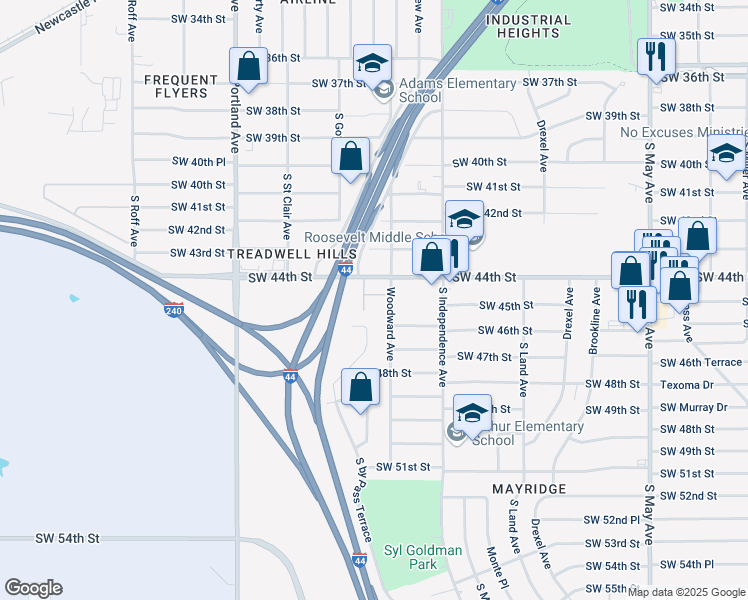 map of restaurants, bars, coffee shops, grocery stores, and more near 4608 South by Pass Terrace in Oklahoma City