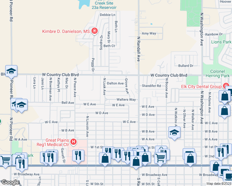 map of restaurants, bars, coffee shops, grocery stores, and more near 1303 Walters Way in Elk City