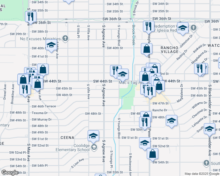 map of restaurants, bars, coffee shops, grocery stores, and more near 2329 Southwest 45th Street in Oklahoma City