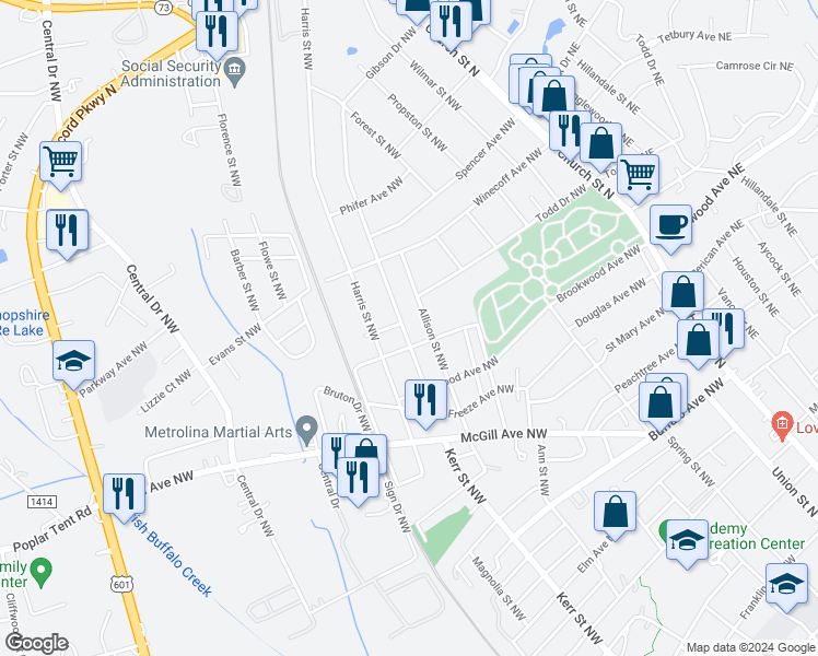 map of restaurants, bars, coffee shops, grocery stores, and more near 550 Gibson Drive Northwest in Concord