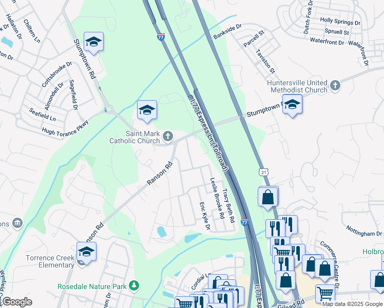map of restaurants, bars, coffee shops, grocery stores, and more near 15464 Stone Hollow Drive in Huntersville
