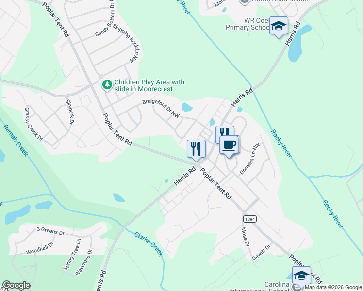 map of restaurants, bars, coffee shops, grocery stores, and more near 10340 Hillsborough Street in Huntersville