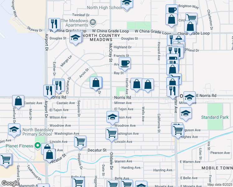map of restaurants, bars, coffee shops, grocery stores, and more near 444 Norris Road in Bakersfield