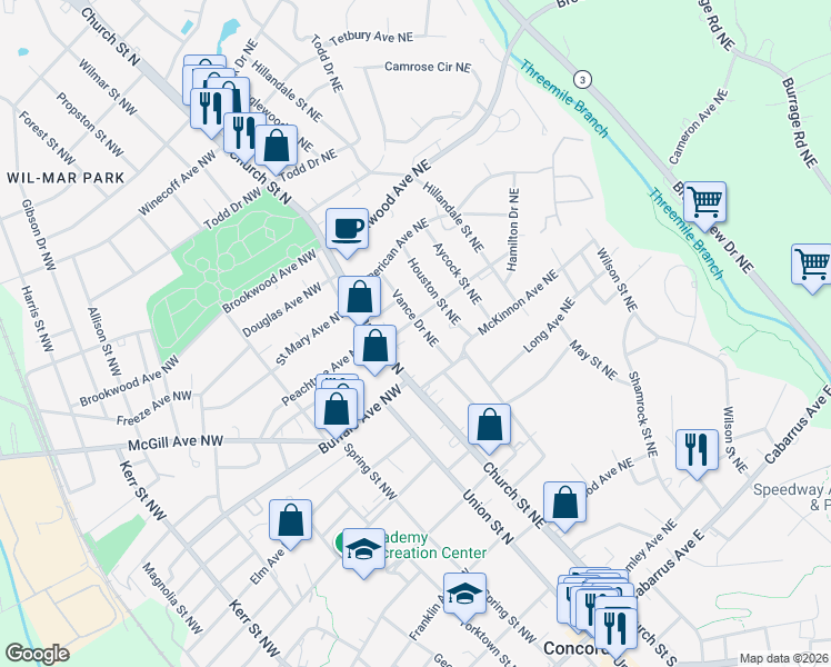 map of restaurants, bars, coffee shops, grocery stores, and more near 291 Vance Drive Northeast in Concord