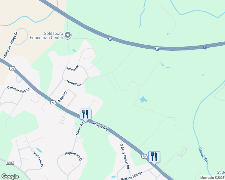 map of restaurants, bars, coffee shops, grocery stores, and more near 112 Sandy Ridge Road in Goldsboro