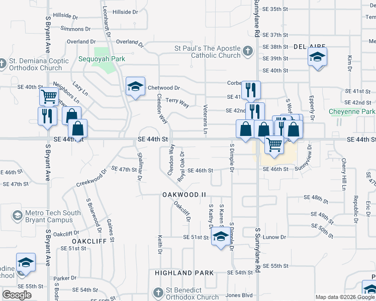 map of restaurants, bars, coffee shops, grocery stores, and more near 3817 Hiddleston Circle in Oklahoma City