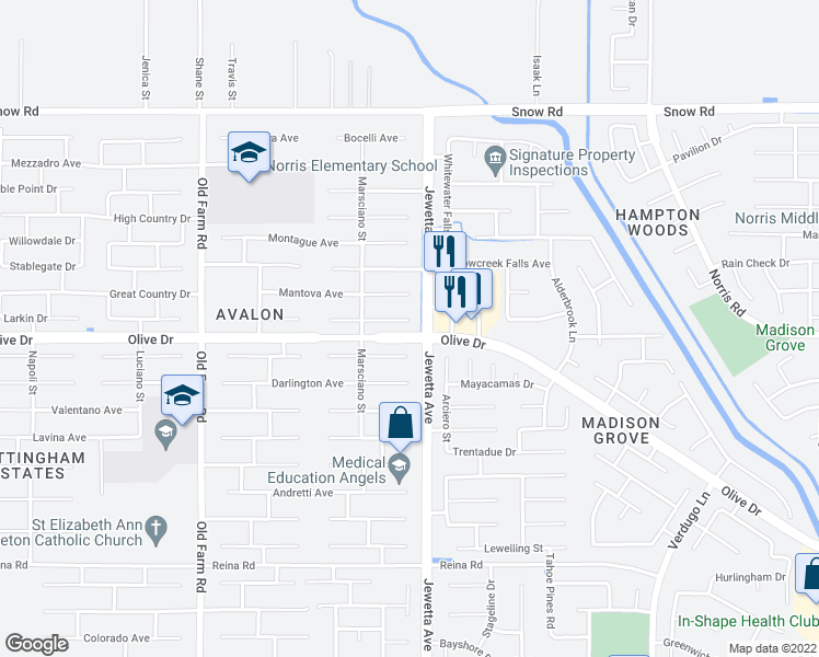 map of restaurants, bars, coffee shops, grocery stores, and more near 11311 San Miniato Avenue in Bakersfield