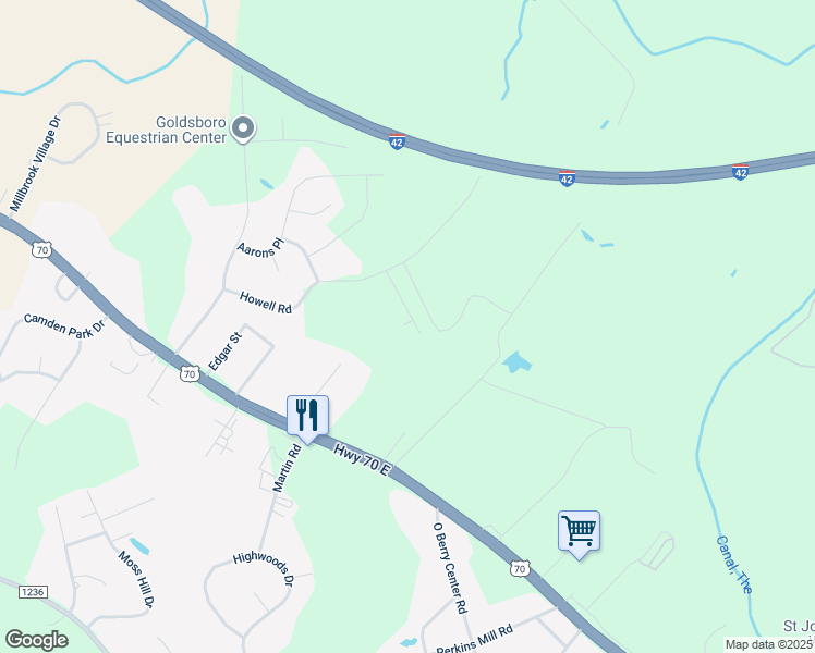 map of restaurants, bars, coffee shops, grocery stores, and more near 112 Sandy Ridge Road in Goldsboro