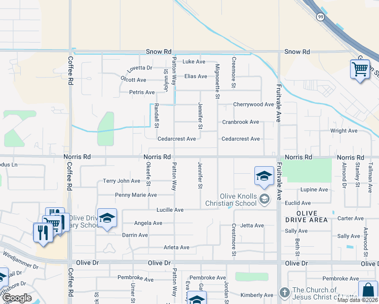 map of restaurants, bars, coffee shops, grocery stores, and more near 7001 Norris Road in Bakersfield