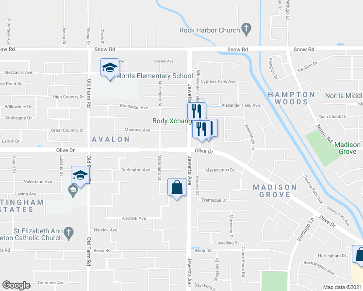 map of restaurants, bars, coffee shops, grocery stores, and more near 11310 Summit Point Court in Bakersfield