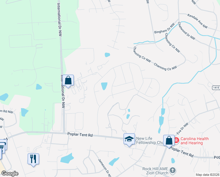 map of restaurants, bars, coffee shops, grocery stores, and more near 483 Hunton Forest Drive NorthWest in Concord