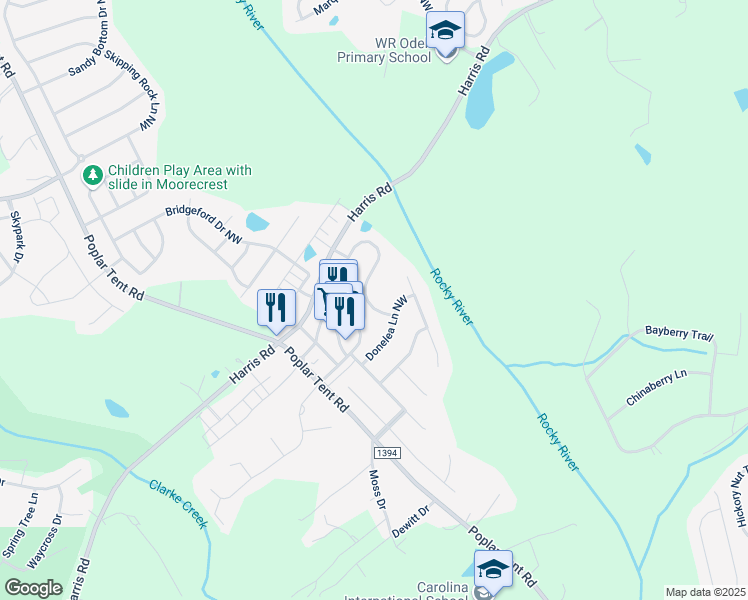 map of restaurants, bars, coffee shops, grocery stores, and more near 9909 Violet Cannon Drive Northwest in Concord