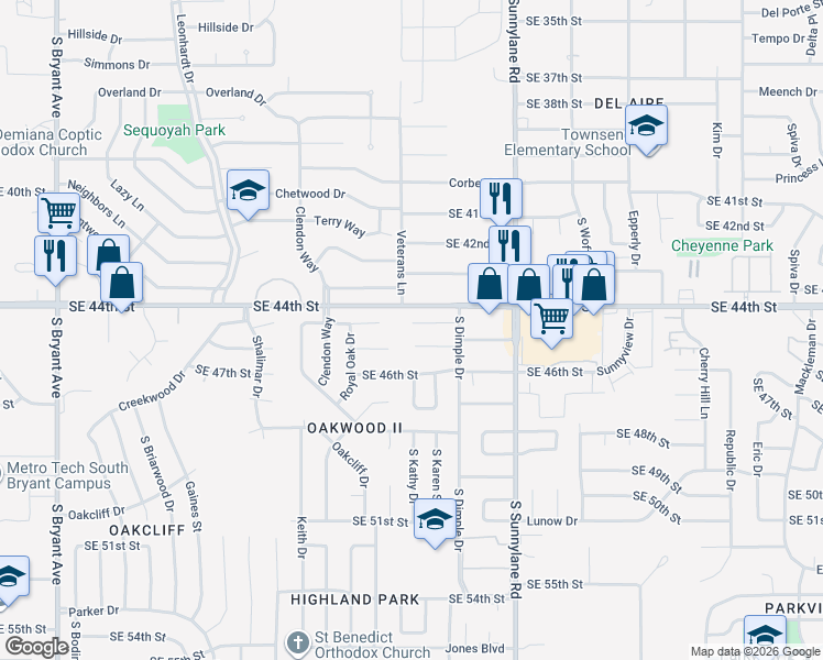 map of restaurants, bars, coffee shops, grocery stores, and more near 3917 Hiddleston Circle in Oklahoma City