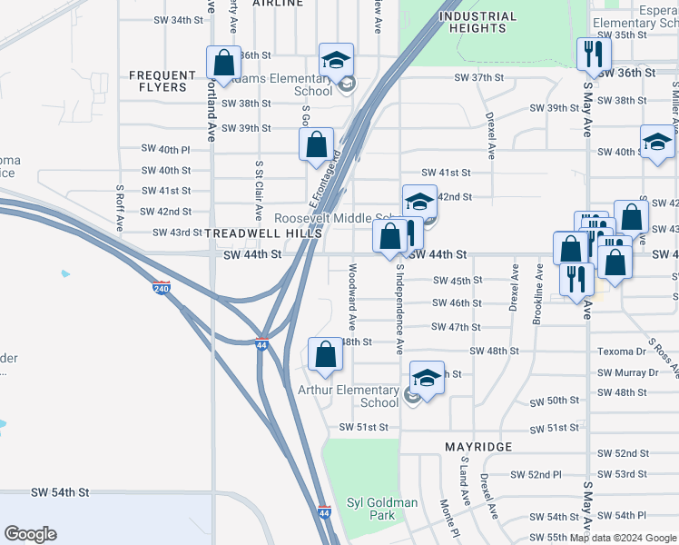 map of restaurants, bars, coffee shops, grocery stores, and more near 4608 South by Pass Terrace in Oklahoma City