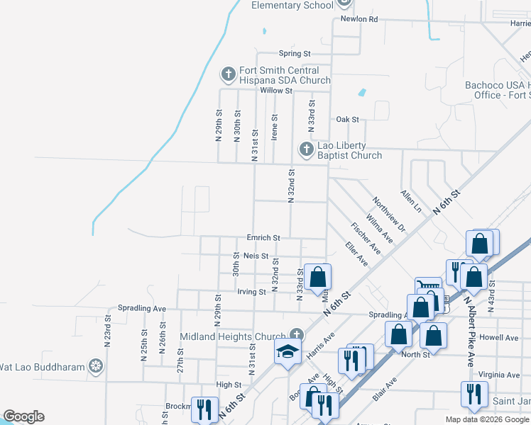 map of restaurants, bars, coffee shops, grocery stores, and more near 4210 North 31st Street in Fort Smith