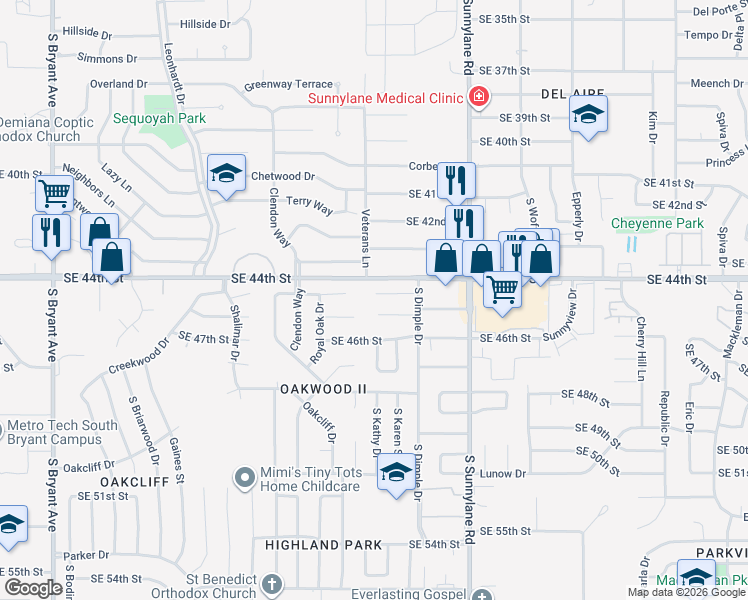 map of restaurants, bars, coffee shops, grocery stores, and more near 3917 Hiddleston Circle in Oklahoma City