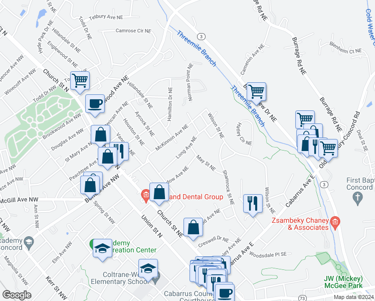 map of restaurants, bars, coffee shops, grocery stores, and more near 225 May Street Northeast in Concord